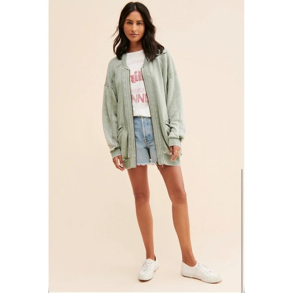 Free People Robby Bomber Jacket Washed Army Green Acid Wash Fleece Small